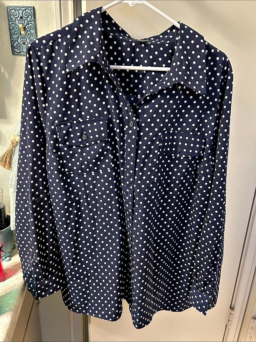 Notations Polka Dot Blouse in Blue & White Size XL Like New